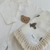 The Ultimate Teddy Gift Set - Frill Muslin Blanket & Teddy Baby Grow Romper